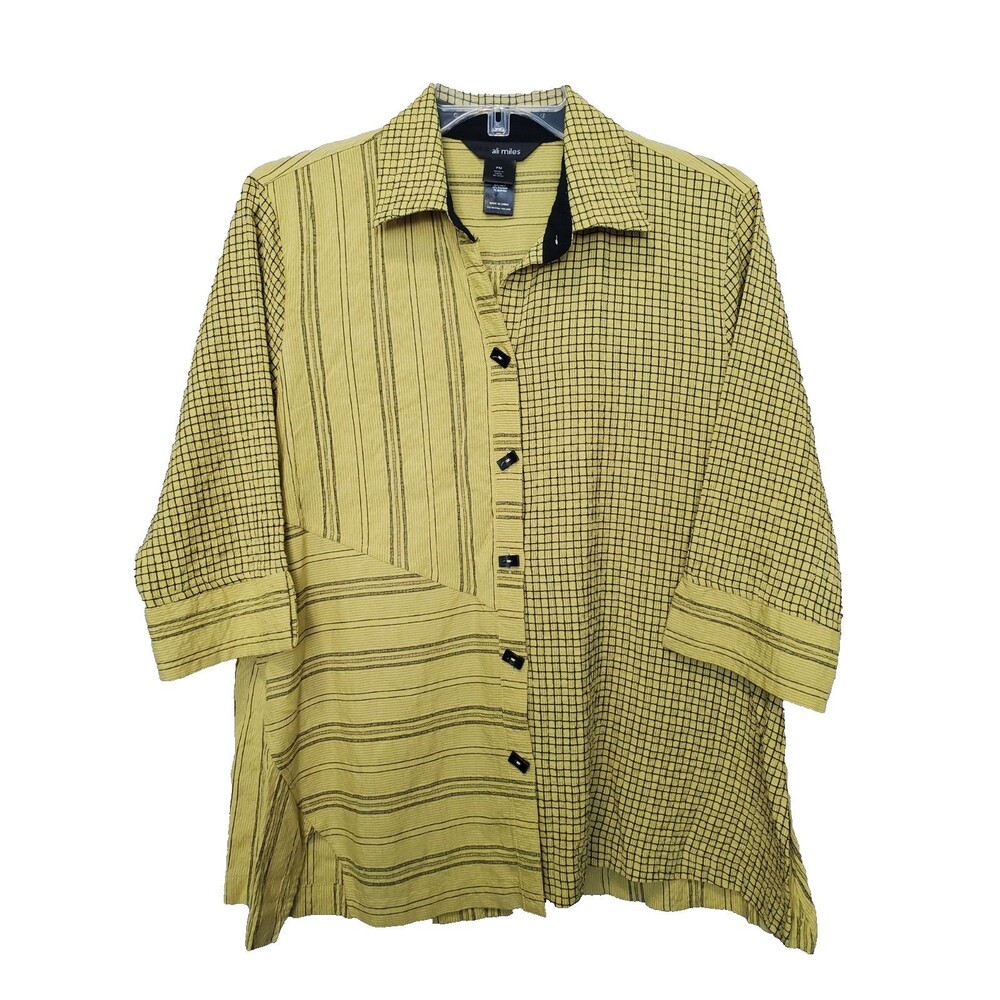 Ali Miles Yellow Mixed Pattern Square Button Tunic Size PM Artsy Lagenlook